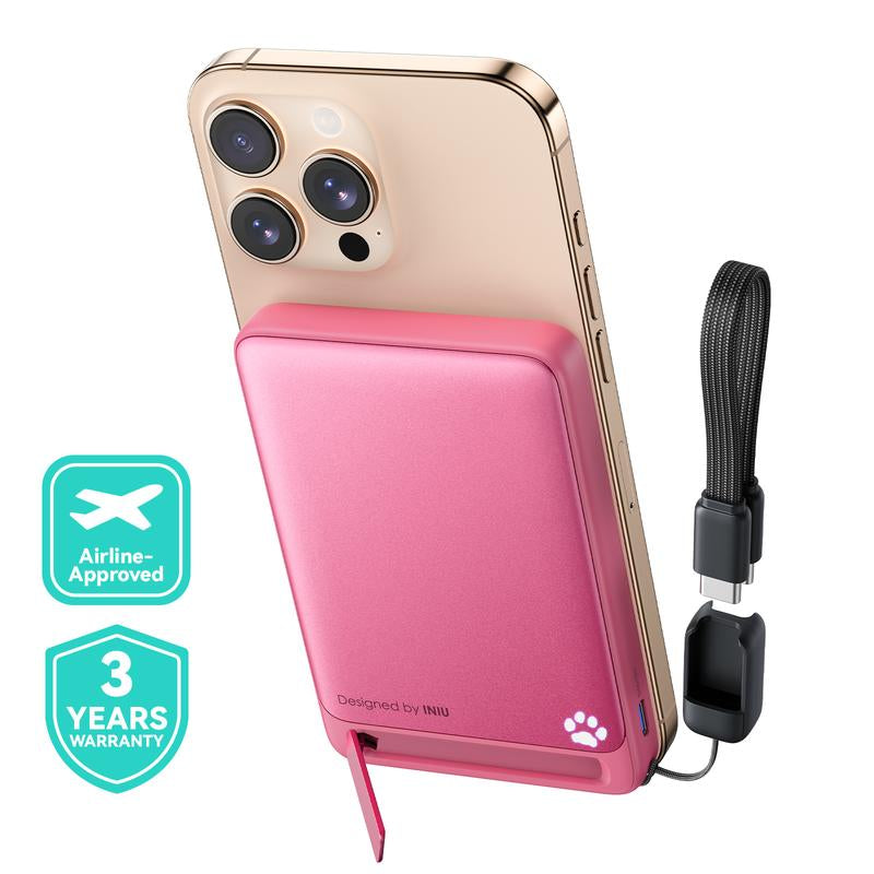 INIU Magfino 10000Mahportable Charger, Ultra Slim Qi2 Certified 10000Mah 45W Magnetic Power Bank, Super Fast Charge, Metal USB C In&Out Wireless Battery Pack with Foldable Stand, Phone Charger, Only for Iphone 16/15/14/13/12 Series