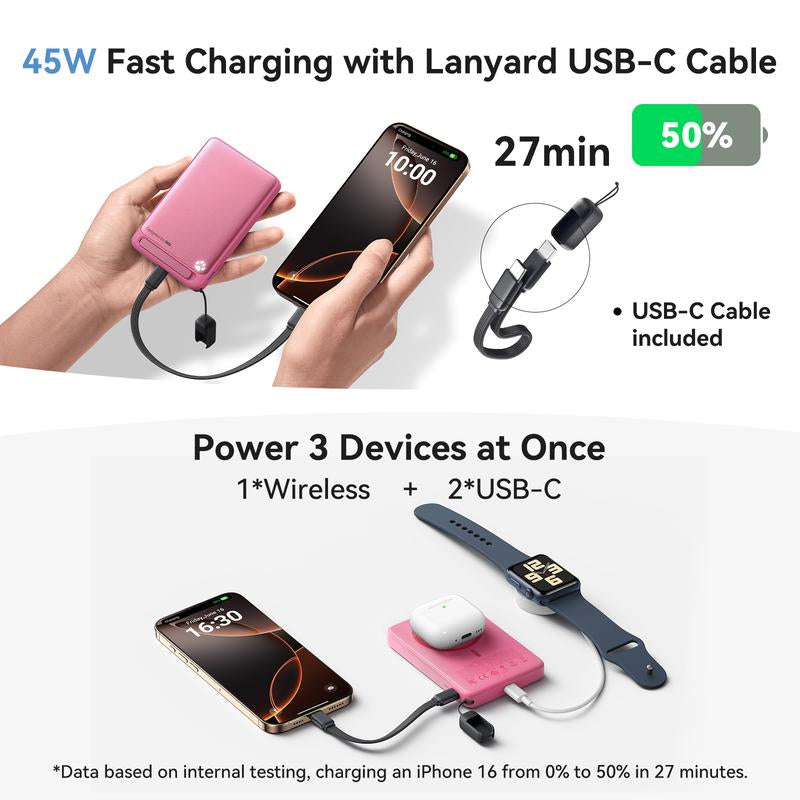 INIU Magfino 10000Mahportable Charger, Ultra Slim Qi2 Certified 10000Mah 45W Magnetic Power Bank, Super Fast Charge, Metal USB C In&Out Wireless Battery Pack with Foldable Stand, Phone Charger, Only for Iphone 16/15/14/13/12 Series