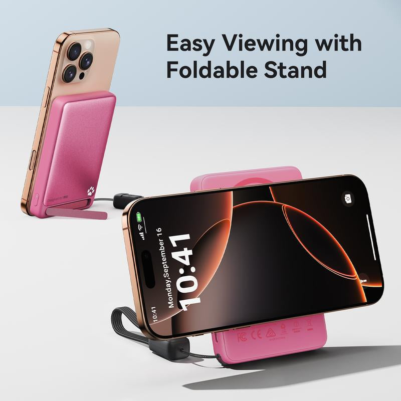 INIU Magfino 10000Mahportable Charger, Ultra Slim Qi2 Certified 10000Mah 45W Magnetic Power Bank, Super Fast Charge, Metal USB C In&Out Wireless Battery Pack with Foldable Stand, Phone Charger, Only for Iphone 16/15/14/13/12 Series